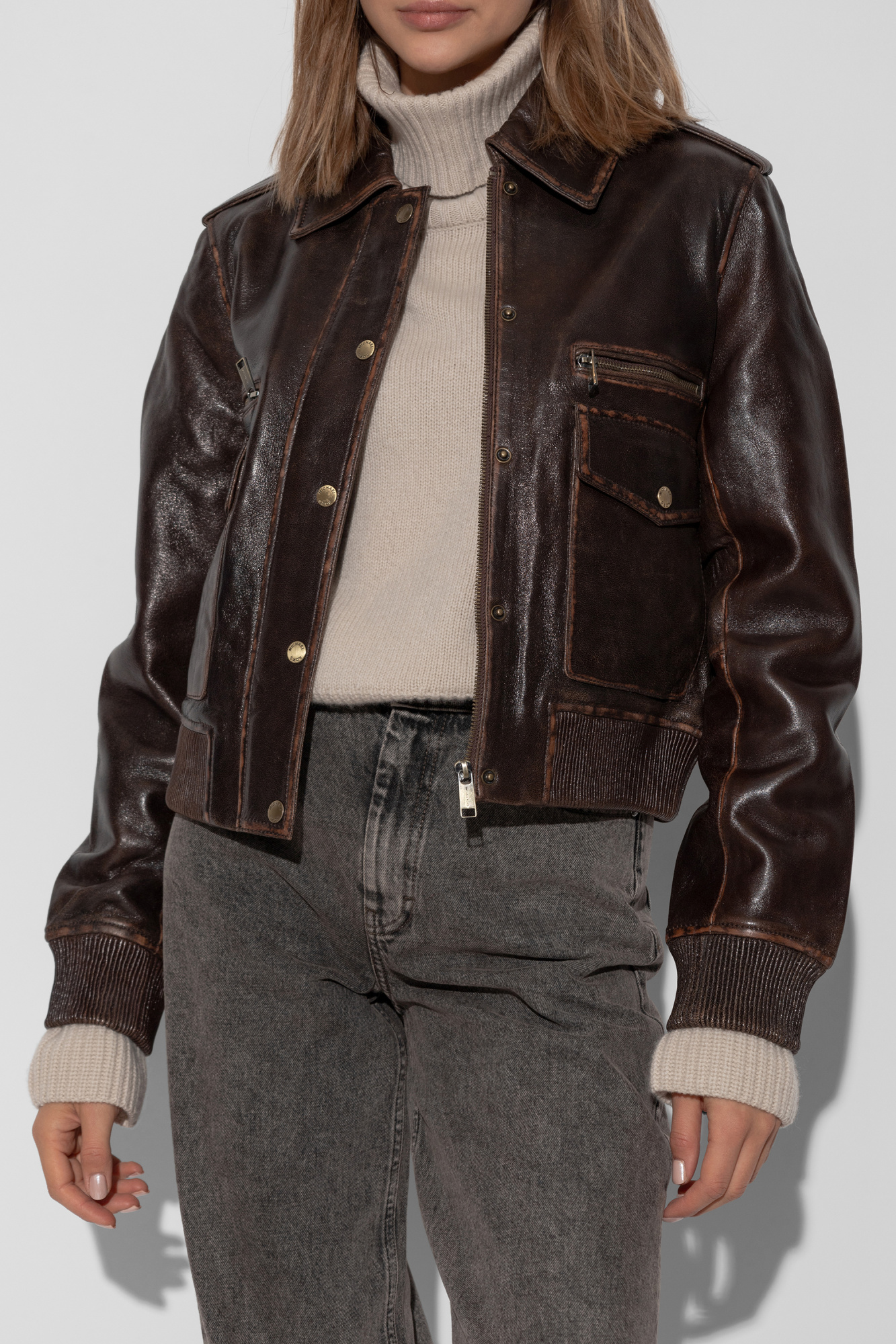 Michael kors leather jacket brown online